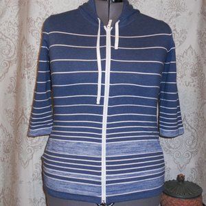 T by Talbots X Blue Striped Hoodie 3/4 Sleeves Zipper Front
